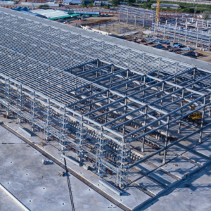 The steel frame structure is under construction