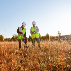 Two people in a field with hard hats