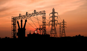 Transformer on Electricity Substation at sunset