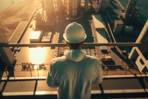 Engineer overlooking power plant