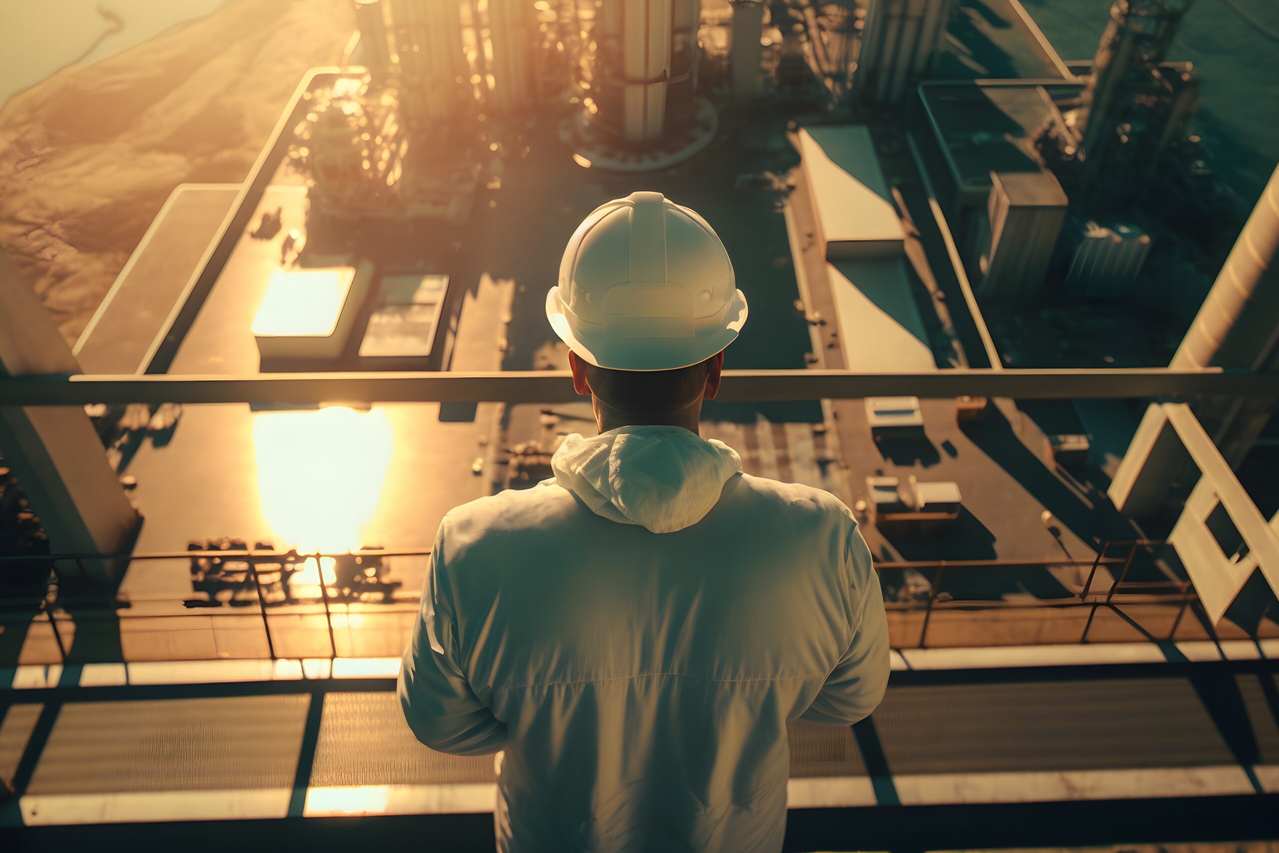 Engineer overlooking power plant